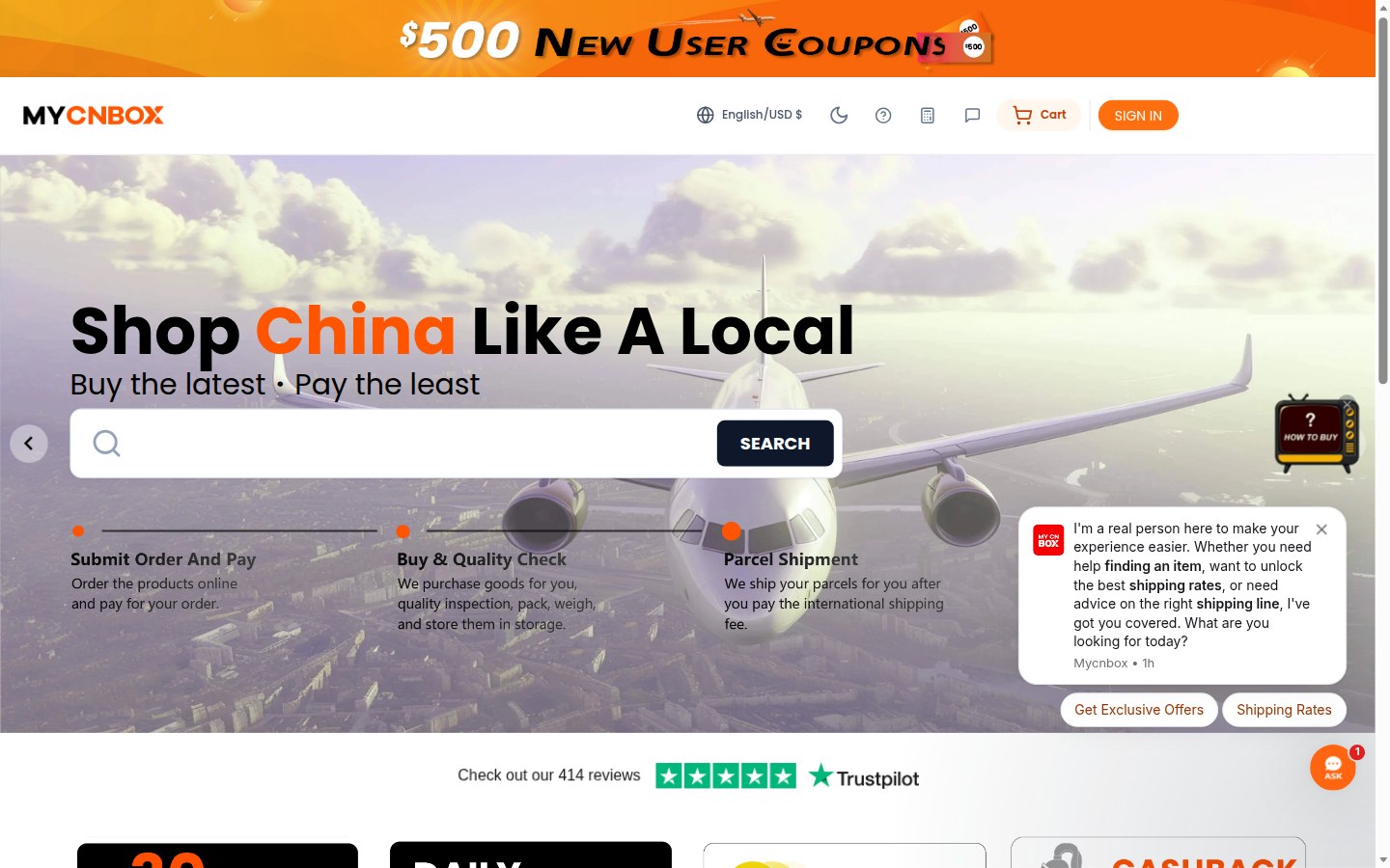 Officiële MyCNBox-homepage: zoeken, couponbanner en inloggen